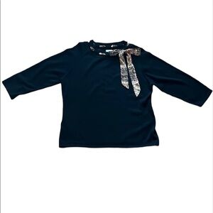 Allison Daley black 3/4 sleeve sweater with scarf tie braided through neckline
